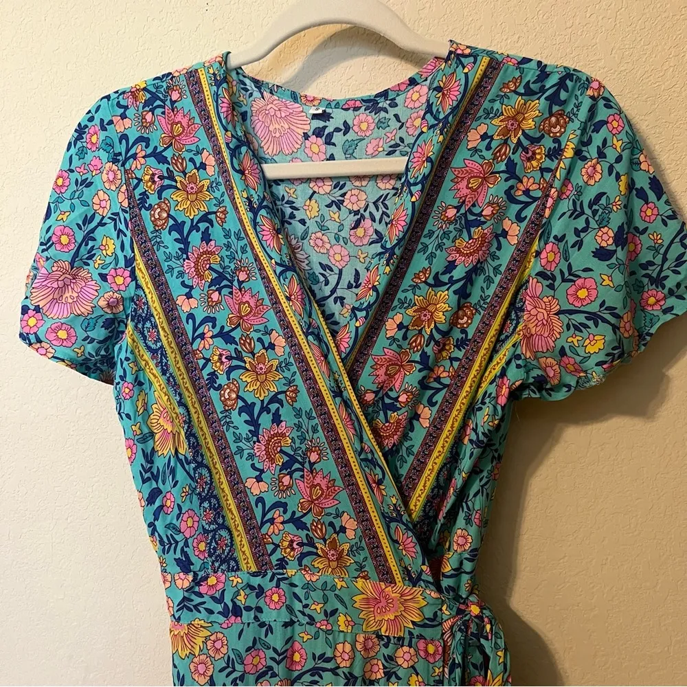 Turquoise Floral Wrap Maxi Dress - Image 4