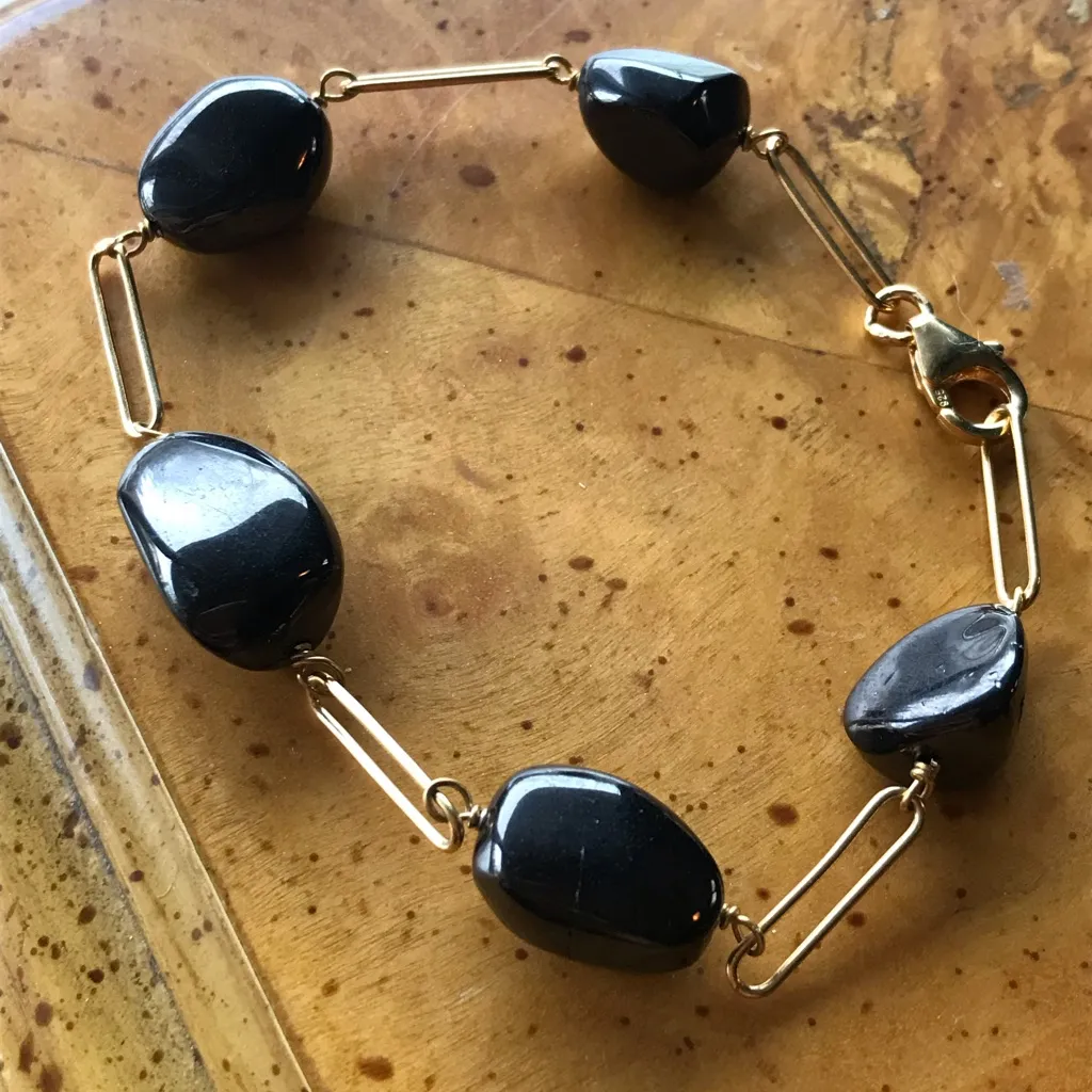 Natural Shungite Sterling Silver Yellow Gold Vermeil Bracelet - Image 2