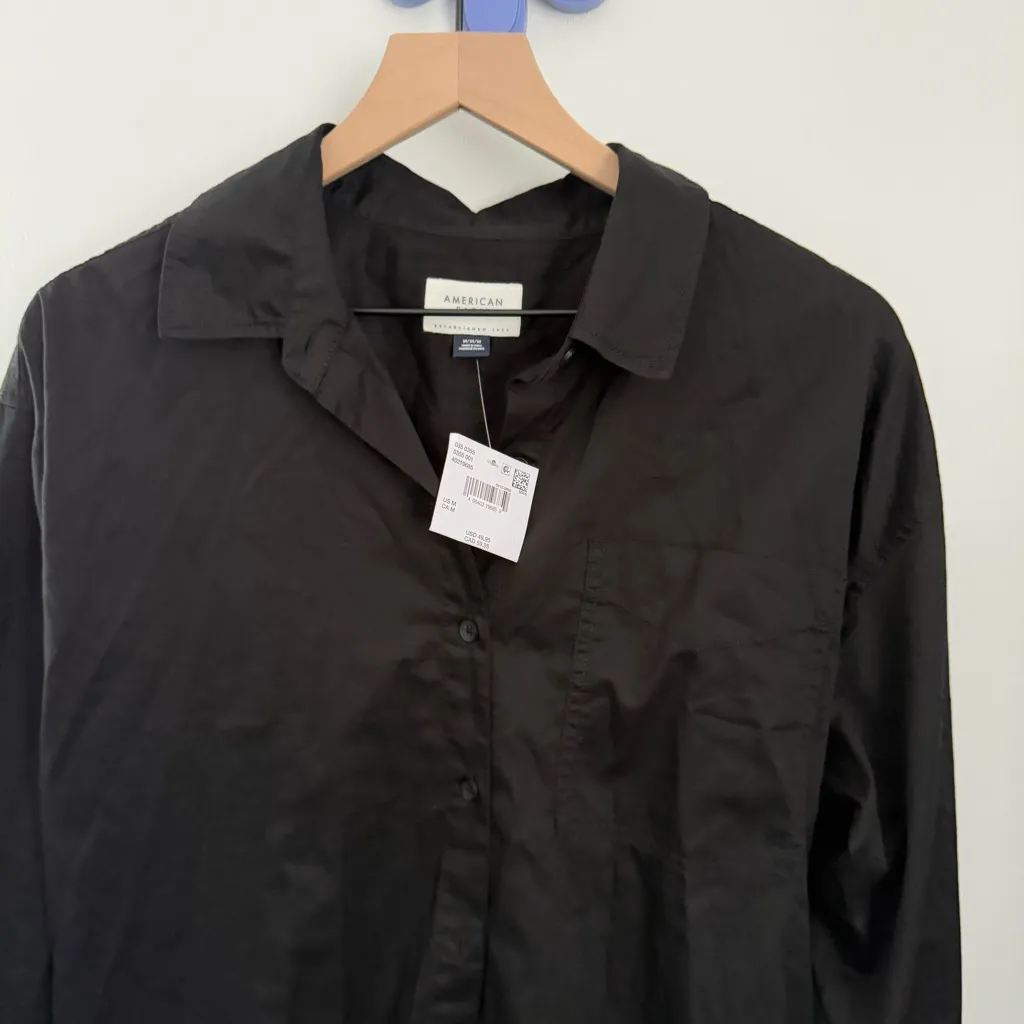 American Eagle Medium NEW Black Oversized Long Sleeve Shirt Button Up Pocket - Image 3