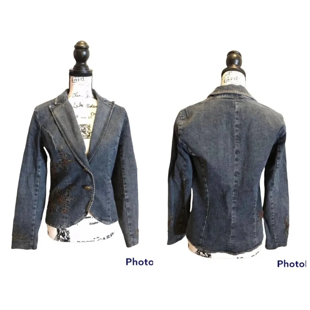 Casual Corner Blazer Denim Jean Jacket Blue Size 4 Embellished Bling vintage - Image 6