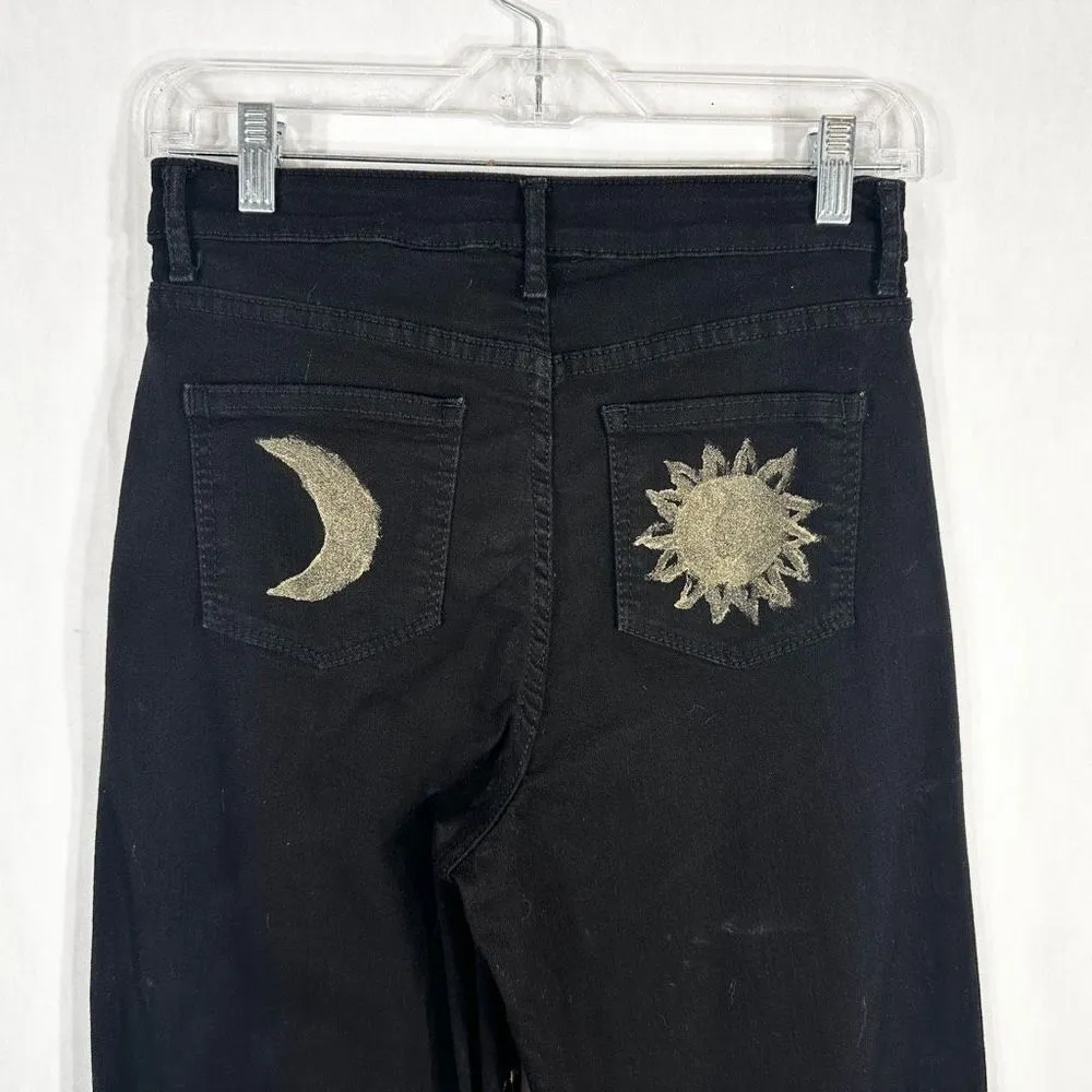 Time Tru Sz 4 Jeans Black Straight Hand Painted Gold Lunar Sun Witch Grunge 1602 - Image 9
