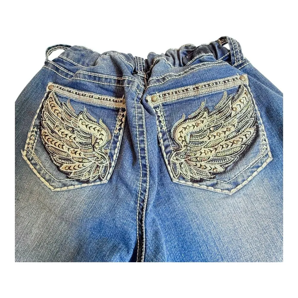Love Indigo Denim CAPRI JEANS Women's 10P Stretch Rhinestone Angel Wing Pockets Blue - Image 4