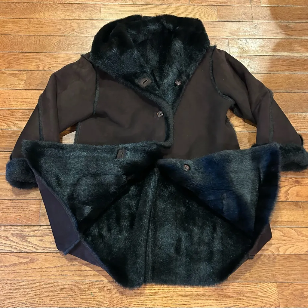 Jones New York Suede Fur Faux Hooded Winter Coat Jacket Designer Brown Large - Image 2