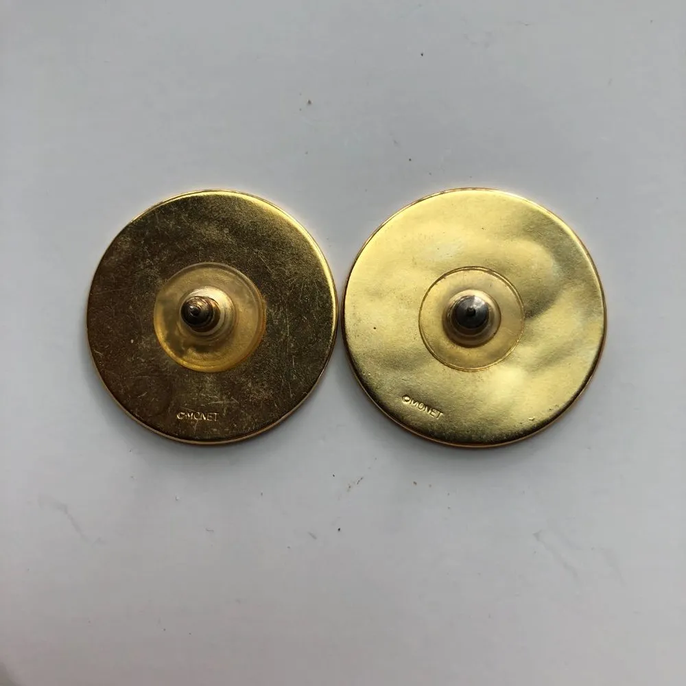 Vintage MCM Monet Red Black Beige Gold Enamel Pierced Earrings 1 1/4" Round Brown - Image 5