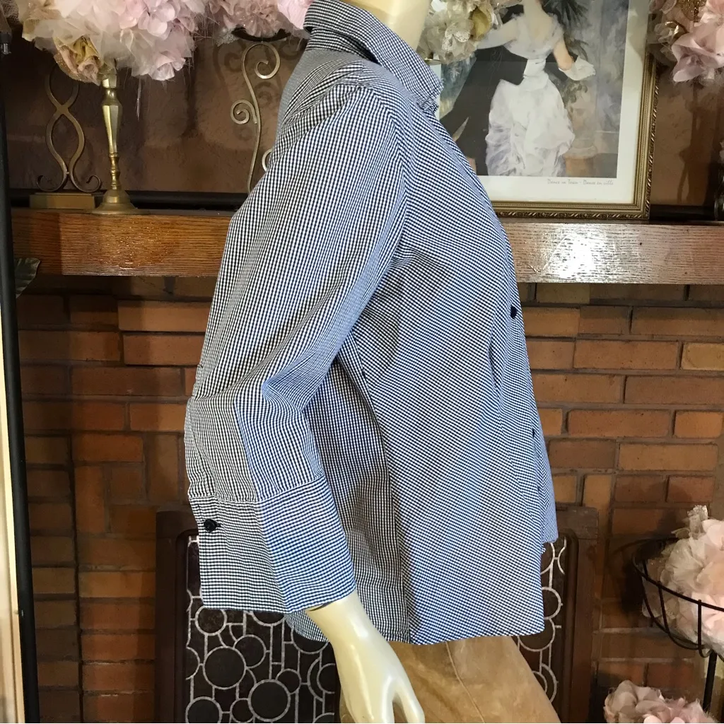 Cato  NAVY BLUE AND WHITE SMALL GINGHAM PRINT BUTTON DOWN SHIRT (L) - Image 4