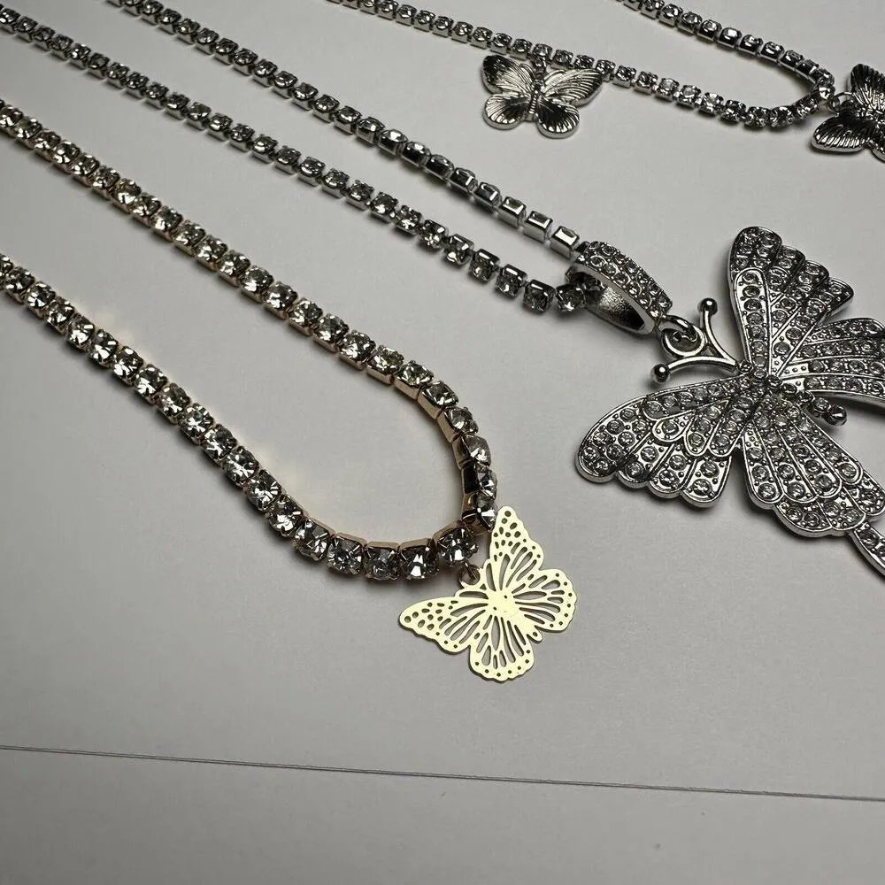 Lot Of 3 Rhinestone Necklace Butterfly Insect 2 Silver Tone 1 Gold Tone - Image 2