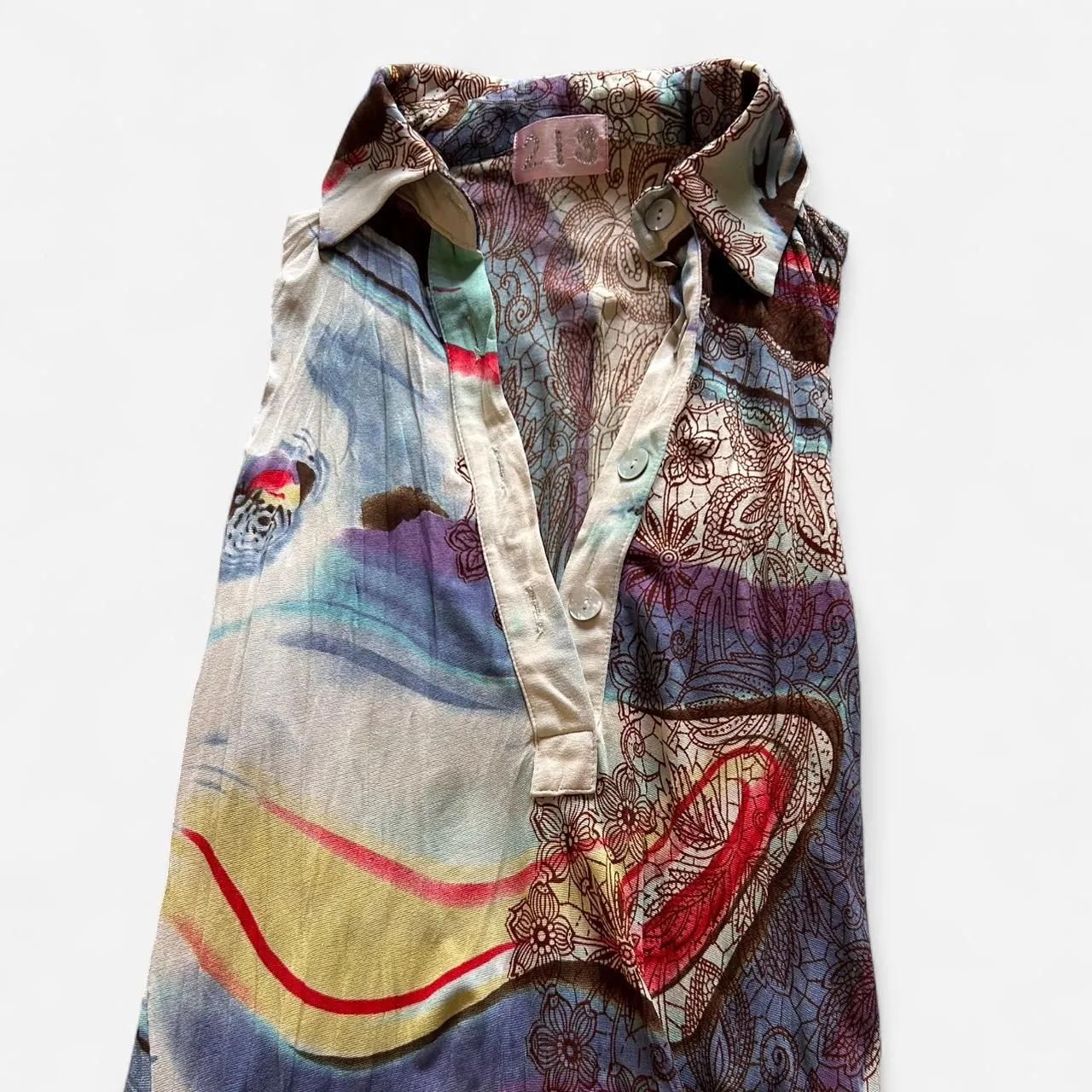 Vintage 2000s unique Sheer Boho Print Dress – Funky Retro Swirl Graphics M Blue Size M - Image 3