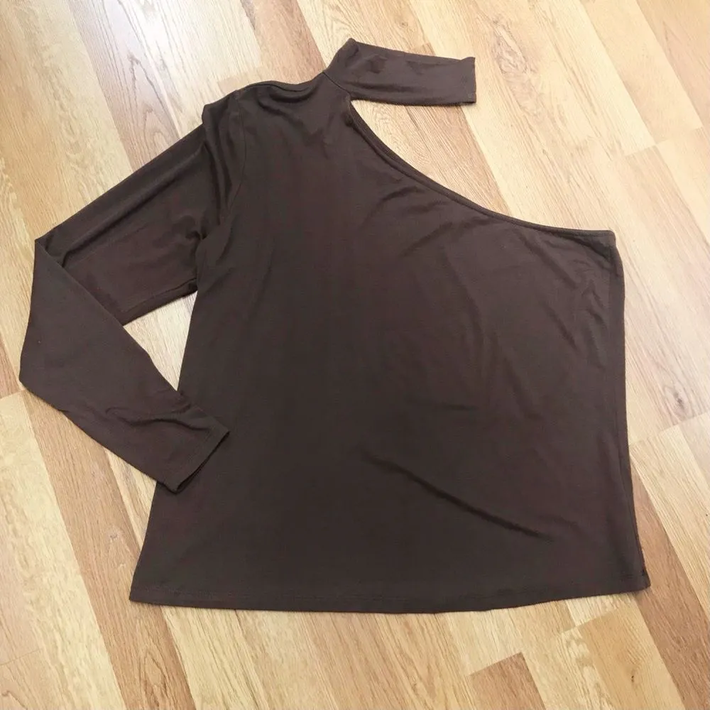 ELOQUII Brown One Shoulder Crop Turtleneck Top Mock Neck Long Sleeve Size‎ 18/20 - Image 2