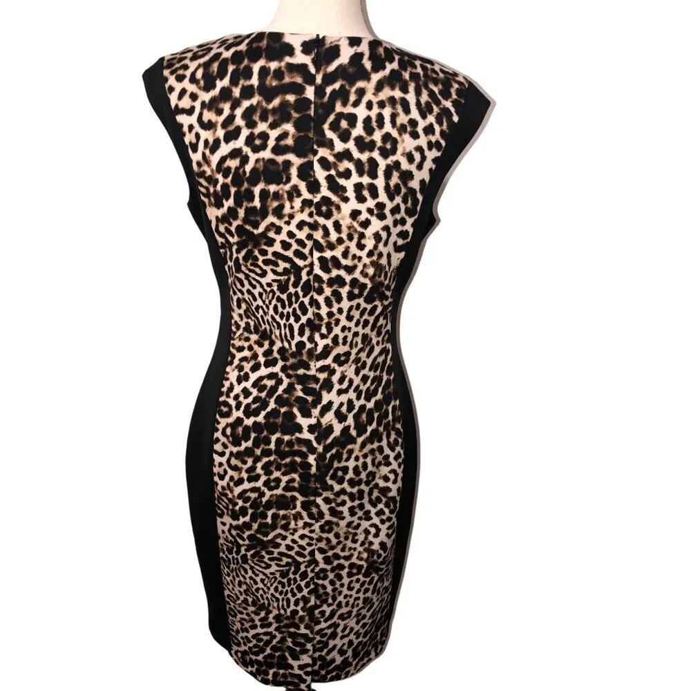 Mob Wife Leopard Print Dress Size 6 Scuba Knit Sheath Cap Sleeve Stretch Edgy - Image 8