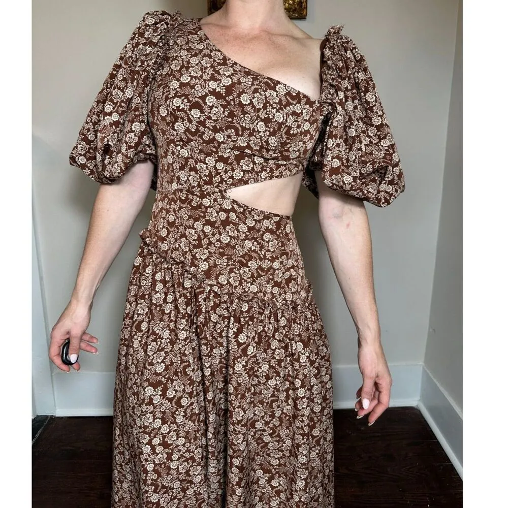 Sofie the Label Boho Cut Out Puff Sleeve Midi Dress in Brown Size Small - Image 6