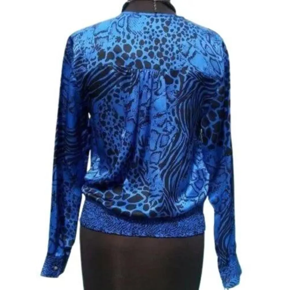 Cache Silk pLeather Shoulders Top New Faux Wrap Shirred Waist Animal NWT $138 - Image 7