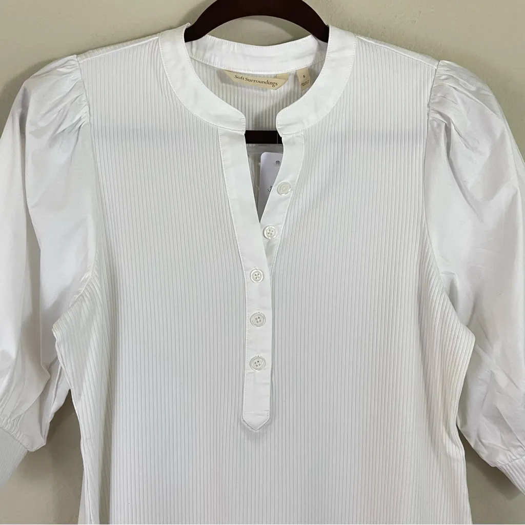 NWT Soft Surroundings White Puff Sleeve Ribbed Henley Top Size Small - Image 5