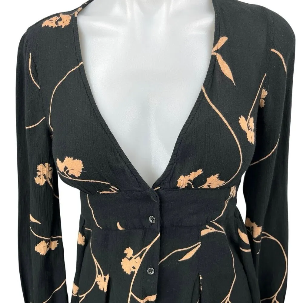 Billabong Black Beige Your Love Floral Long Sleeve Button-Up Skater Mini Dress S - Image 4