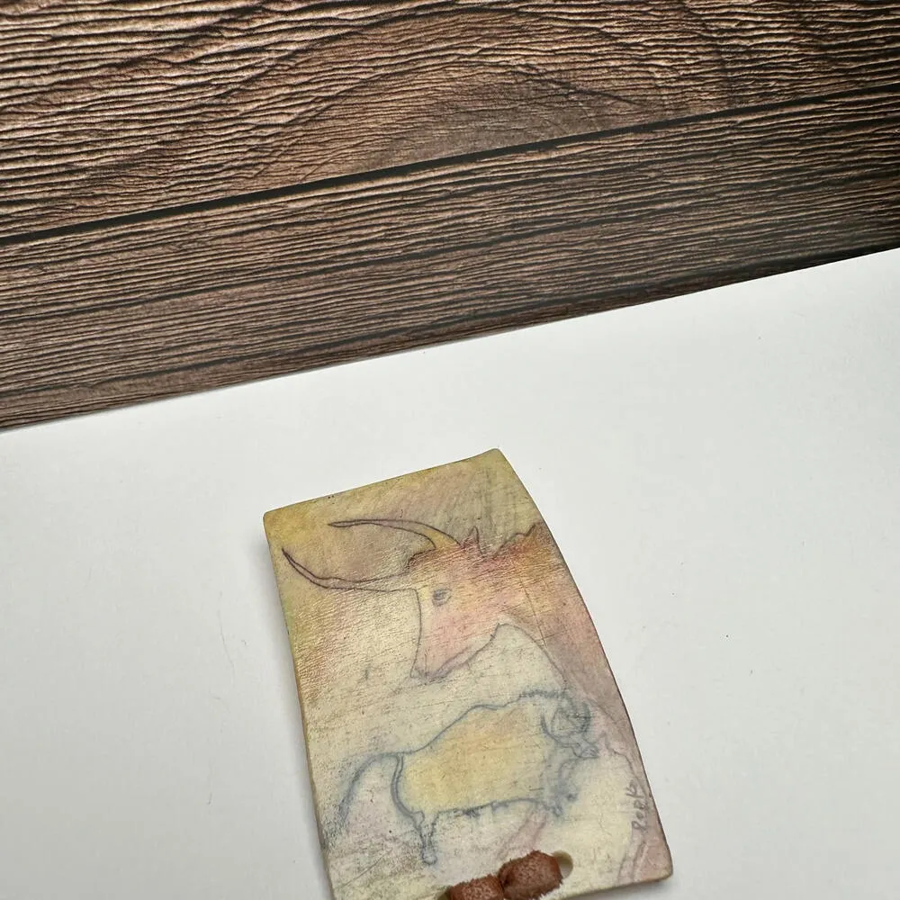 Longhorn / Bull Painting Beaded Leather Fringe Brooch Pin Vintage Handmade - Image 5