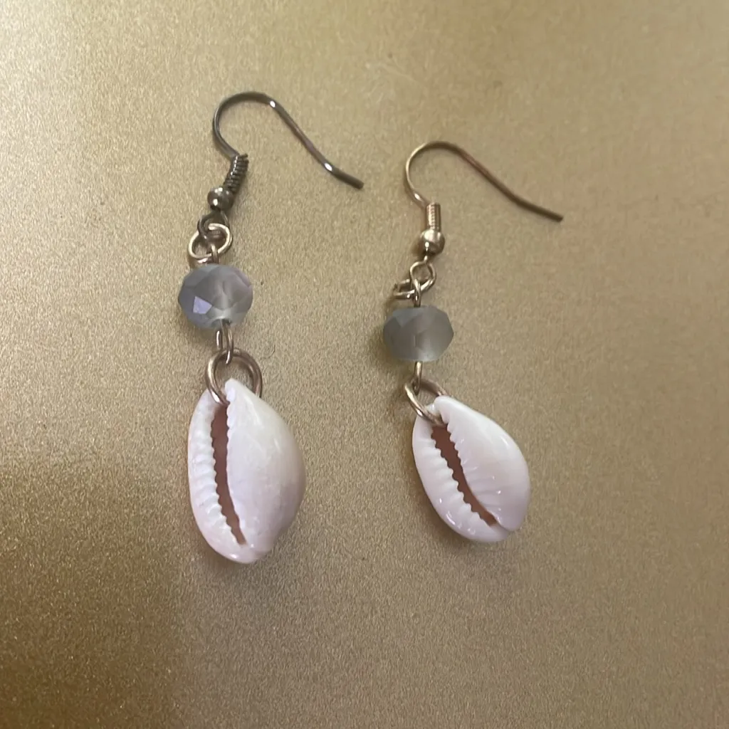 Puka Shell Dangle Drop Earrings w/ Hook Backing White - Image 2