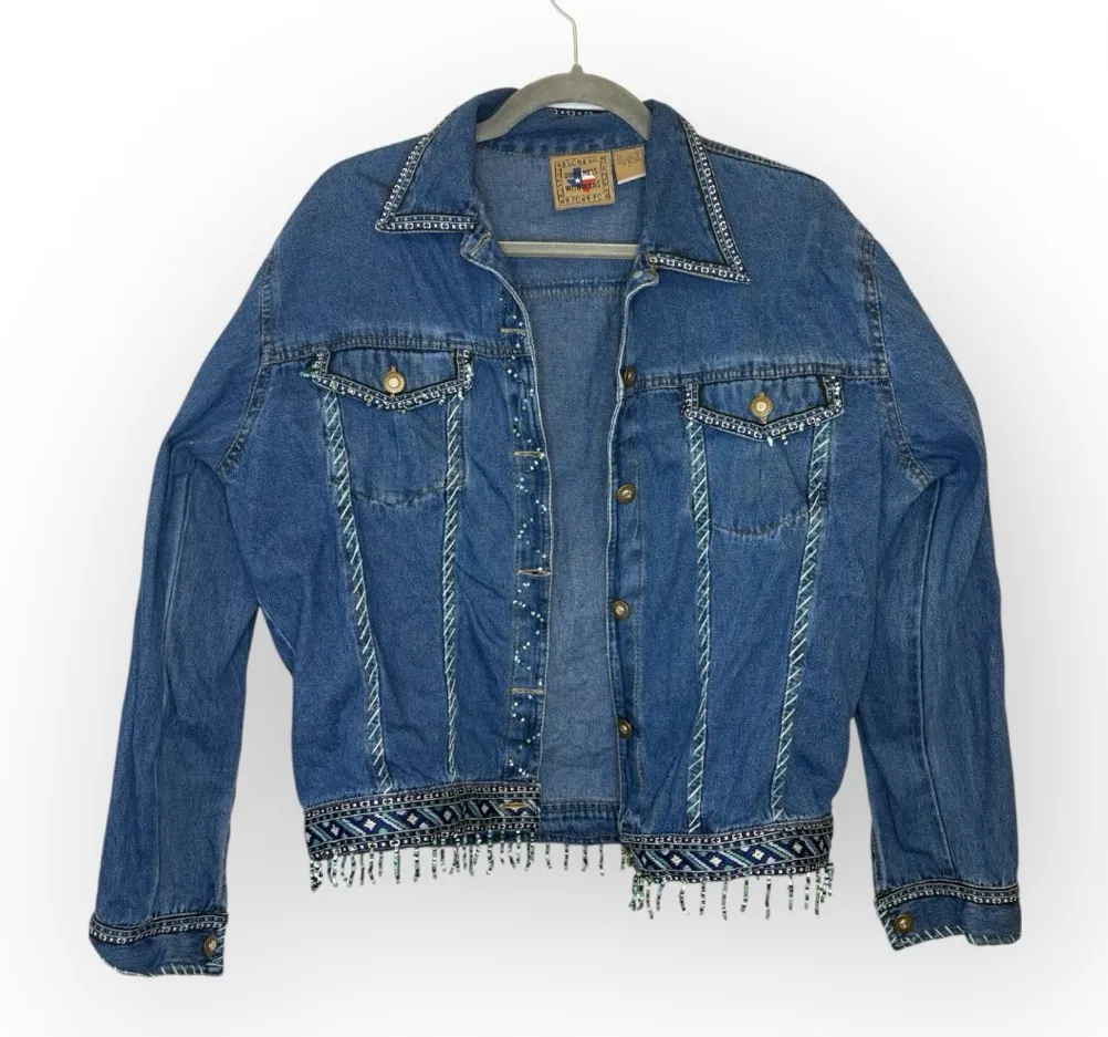 Don’t Mess With Texas Denim Jacket Beaded Fringe Western Cowgirl Rodeo 90s Small Blue - Image 1