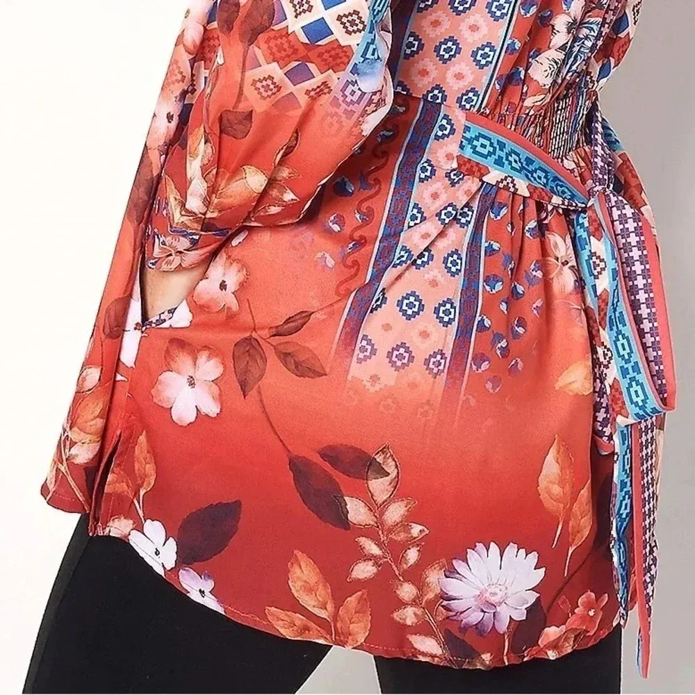 Tolani Collection Long-Sleeve Tunic Blouse with Tie Rust Bohemian Floral Size XS - Image 8