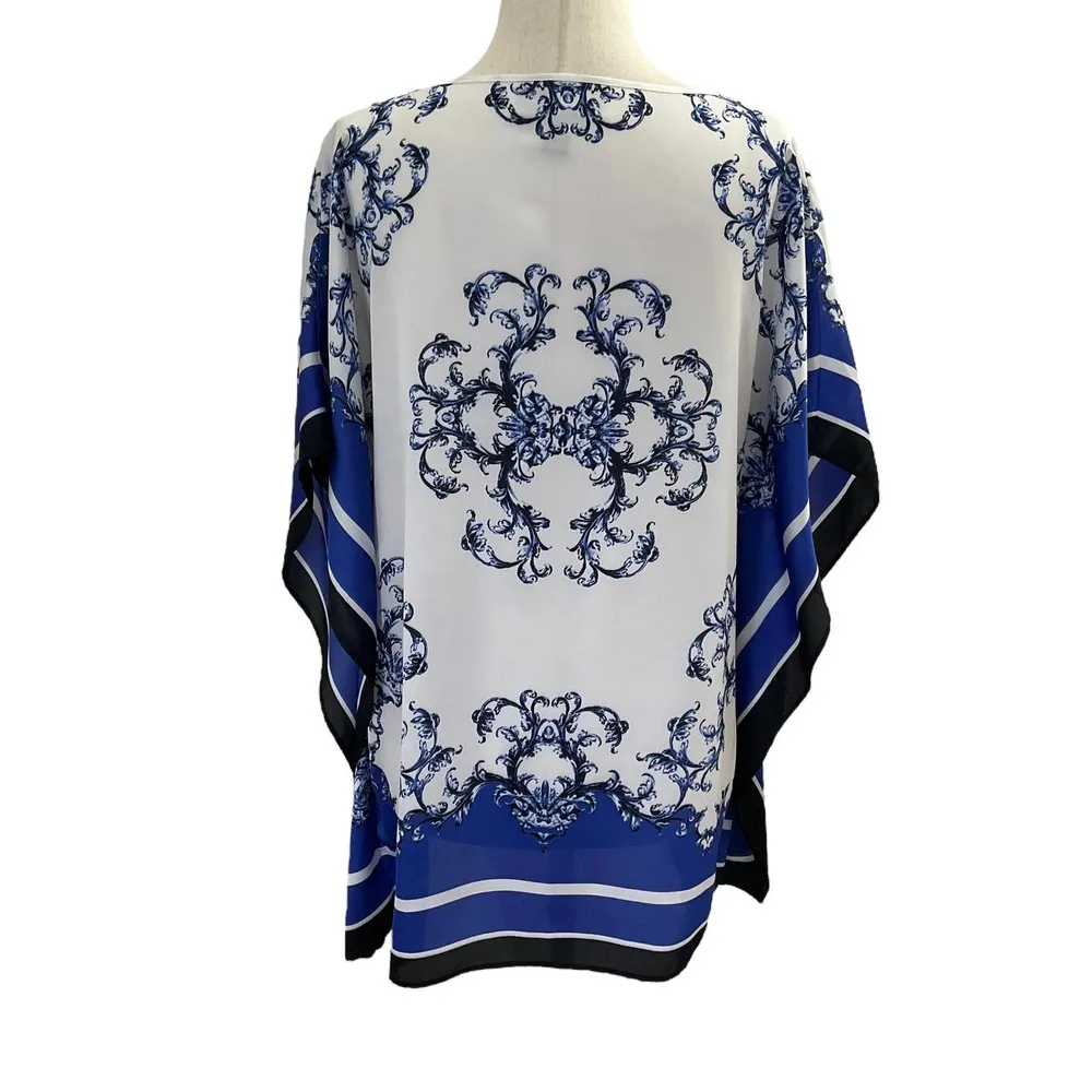 Dana Buchman White & Blue Scarf Satin Blouse Women Size XS | 47-21 - Image 2