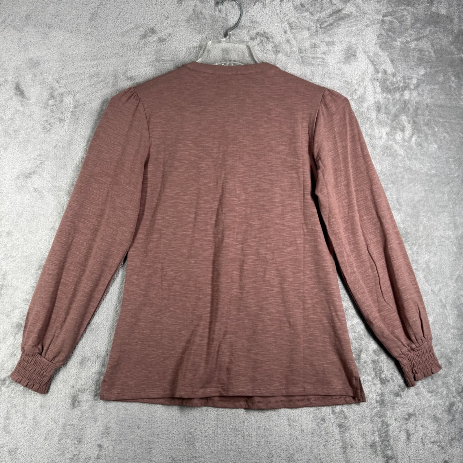 Belle‎ by Kim Gravel Button Henley Top Smocked Shoulder Long Sleeve Mauve XXS Pink - Image 3