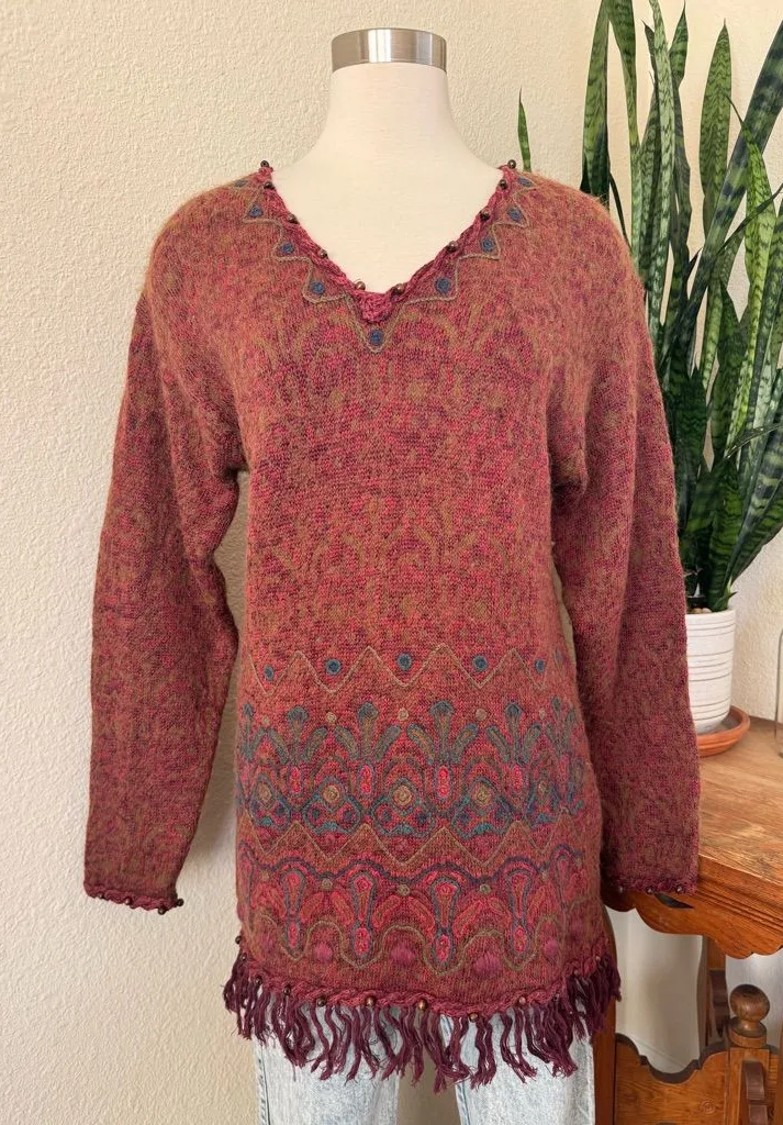 Vintage Boho Sweater Ramie Cotton Mohair Blend fringe beaded knit fall medium Red - Image 1