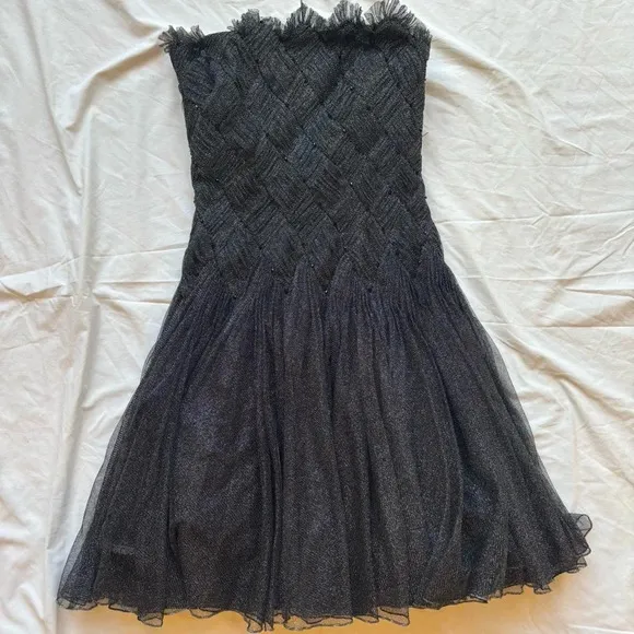 Tadashi Shoji black & silver mesh corset strapless rhinestone bead tulle dress - Image 1
