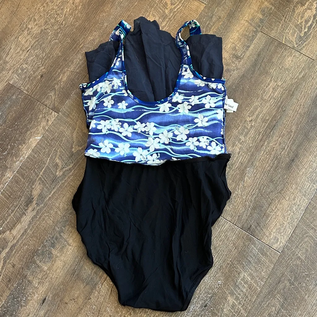 White Sand One Piece Swim Suit with Shorts Floral Modest Size 12 Blue - Image 5