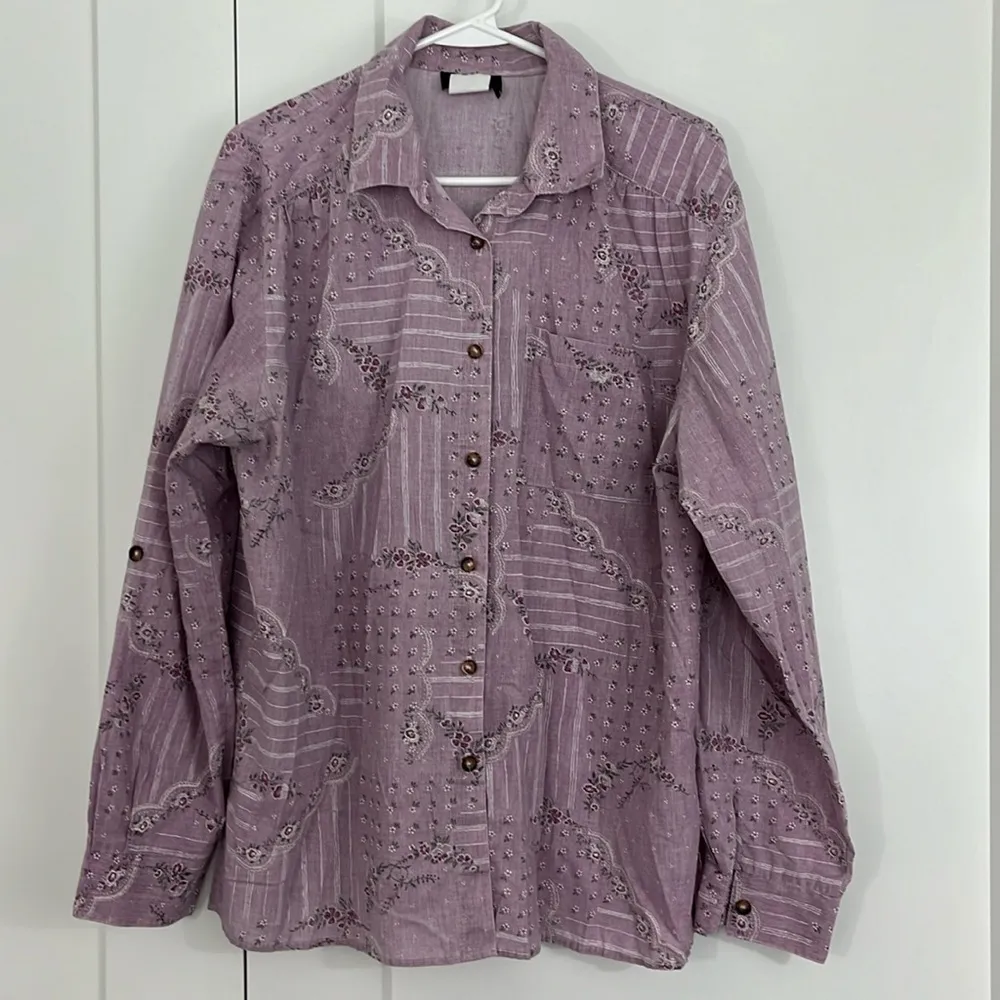 Vintage Tapestry Large Purple Button Down Collared Long Sleeve Blouse Top - Image 4
