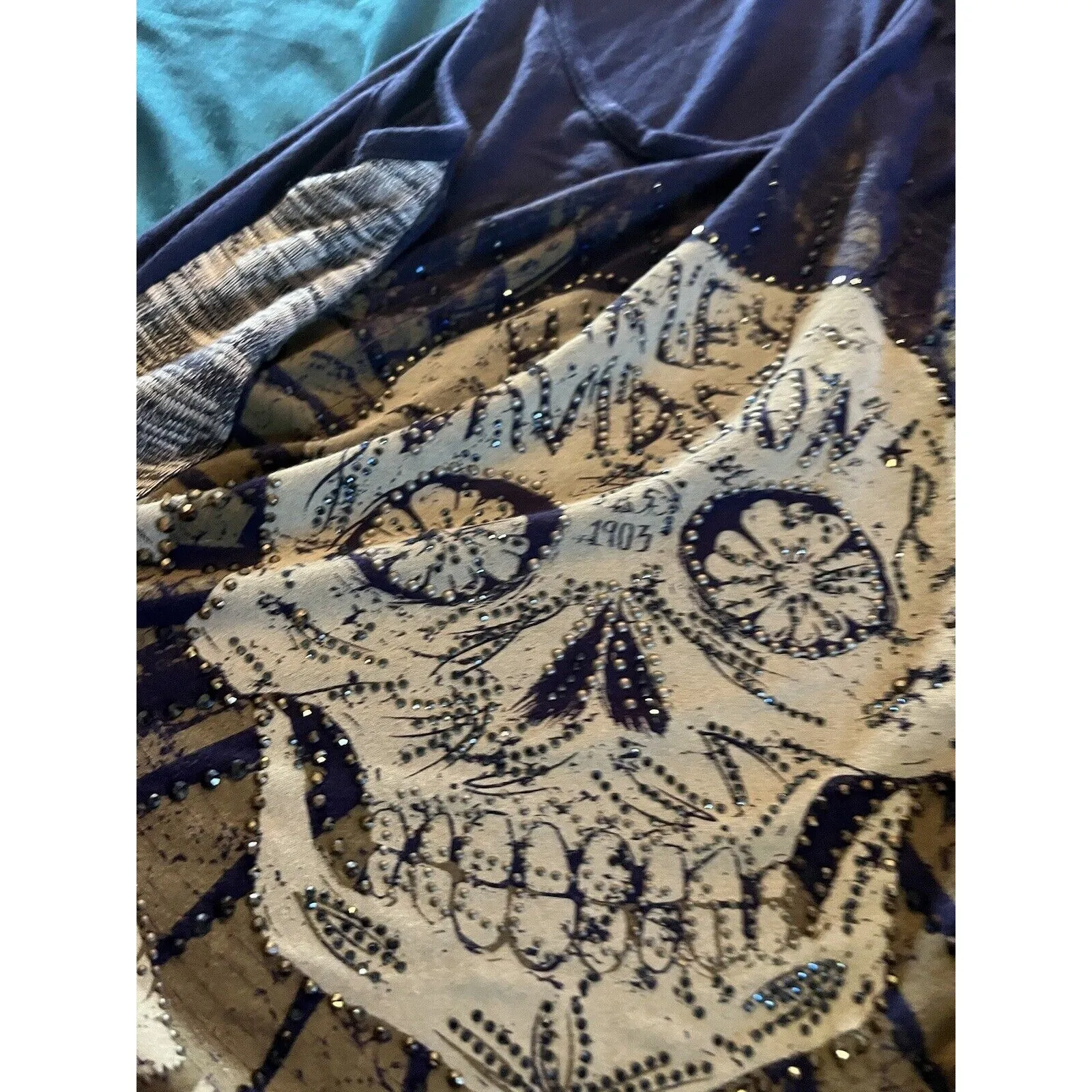 Harley Davidson Women Blue Embellished Skull Metal In Motion Tank Top XS - Image 6