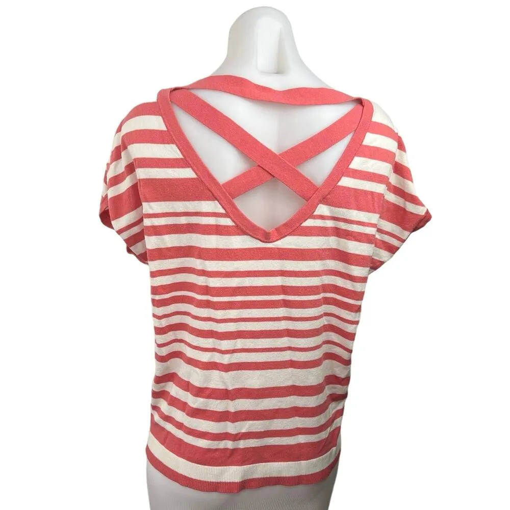 Ann Taylor LOFT Women's Pink Striped Short Sleeve Strappy Back Blouse Tee Top M - Image 2