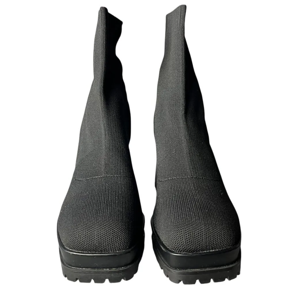Womens 8.5 Sock Boots Platform Chunky Heel Booties Square Toe Slip On‎ Black - Image 2