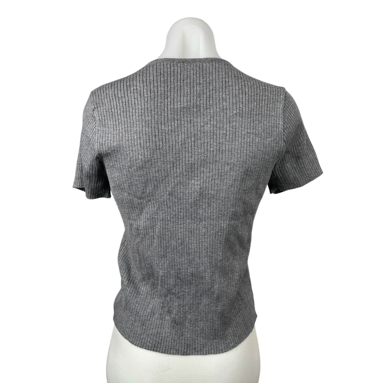 Le Lis Gray Ribbed Knit Ribbon Crew Neck Short Sleeve Crop Sweater Blouse Top L Size L - Image 2
