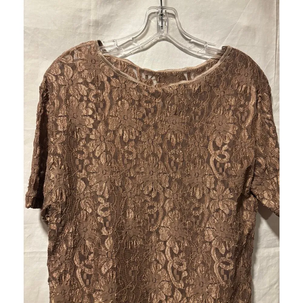 Cinema Etoile Vintage Cocoa Brown Stretch Lace Top Short Sleeve - Image 4