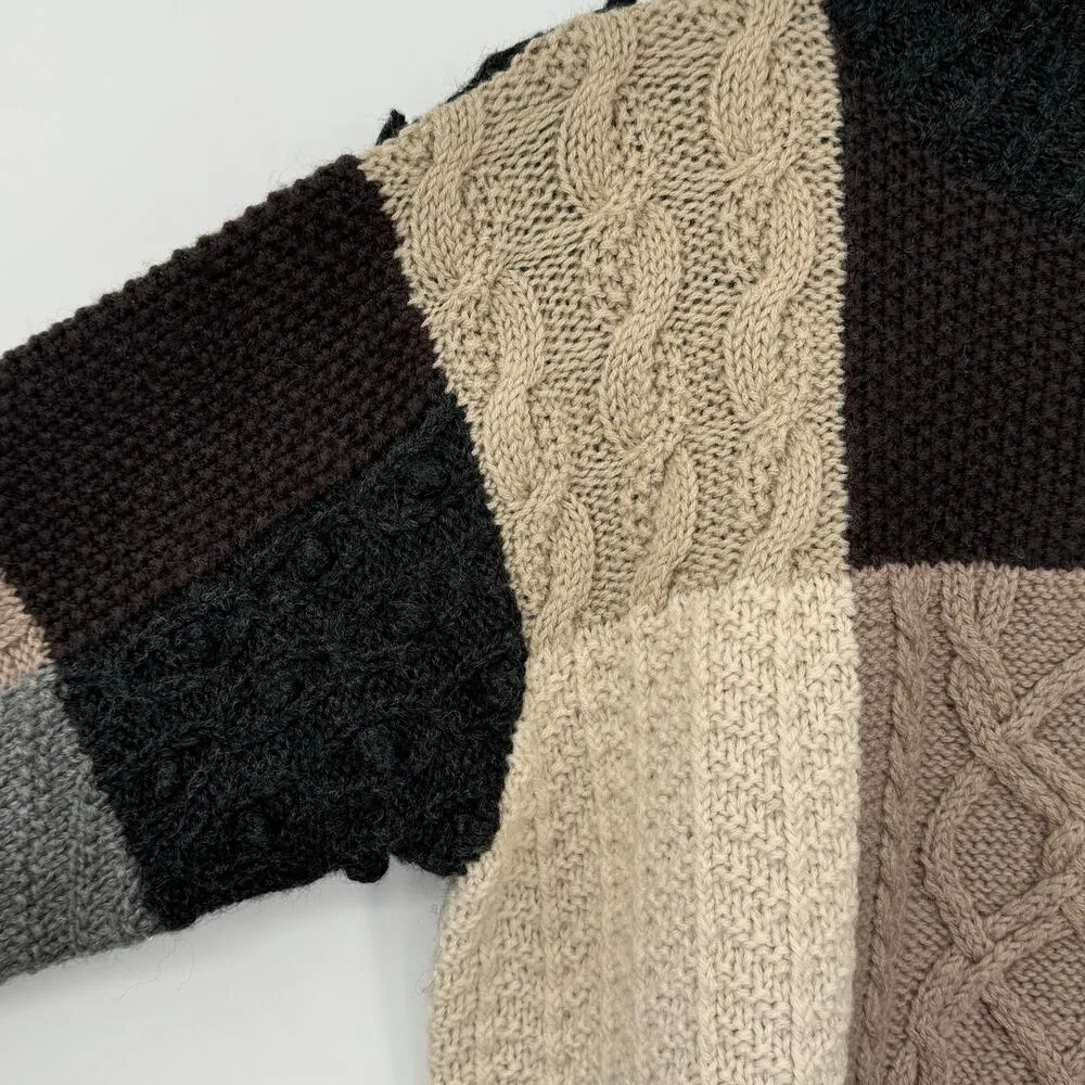 L.L. Bean 100% wool sweater vintage crew pullover patchwork chunky fisherman M Tan Size M - Image 5
