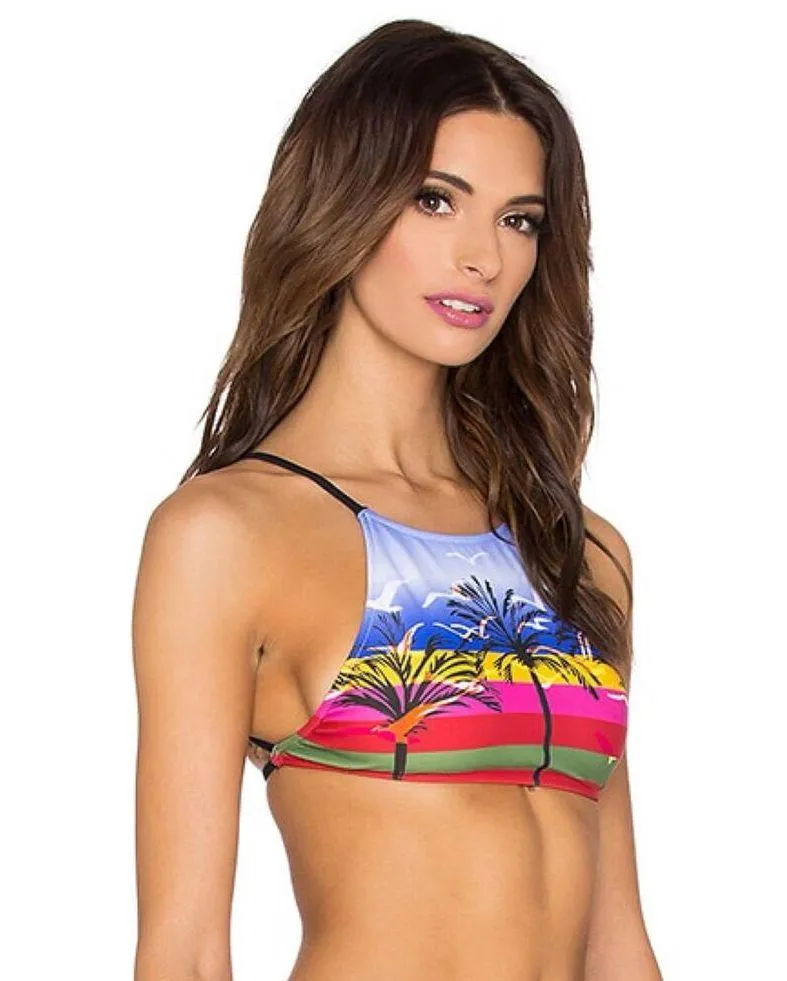 NEW Salinas S Runway High Neck Bikini Top MultiColor Palm Trees Birds Swimsuit Blue - Image 7