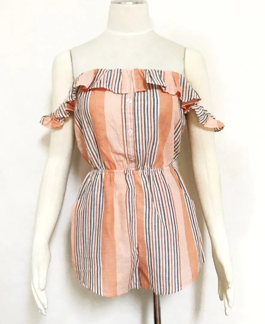 Ruffled Buttons Off Shoulder Romper  - Image 3