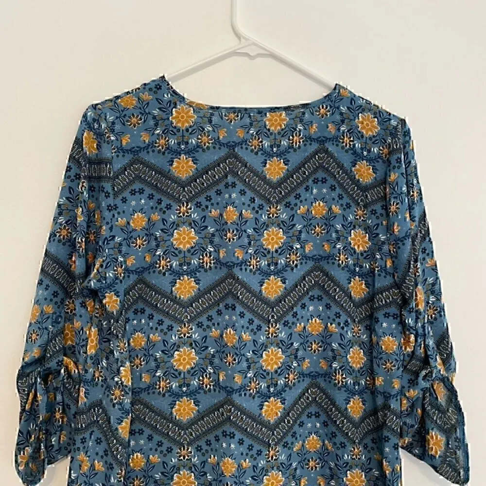 PINK ROSE Blue Mustard Navy Floral Chevron 3/4 Sleeve Roll Tab Sleeve Blouse Top - Image 11