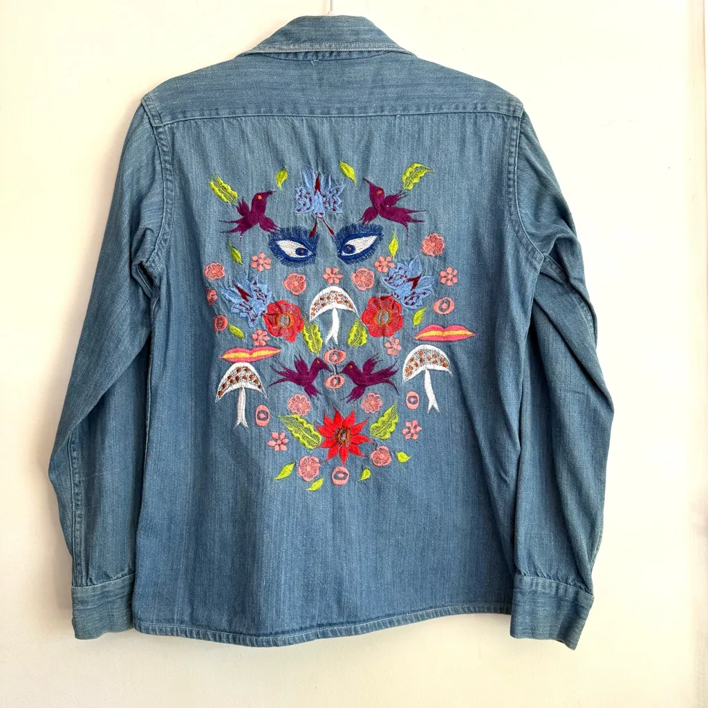 Vintage Natex Folkloric Mexican‎ Embroidered Denim Shirt Eyes Birds Mushrooms S Blue - Image 2