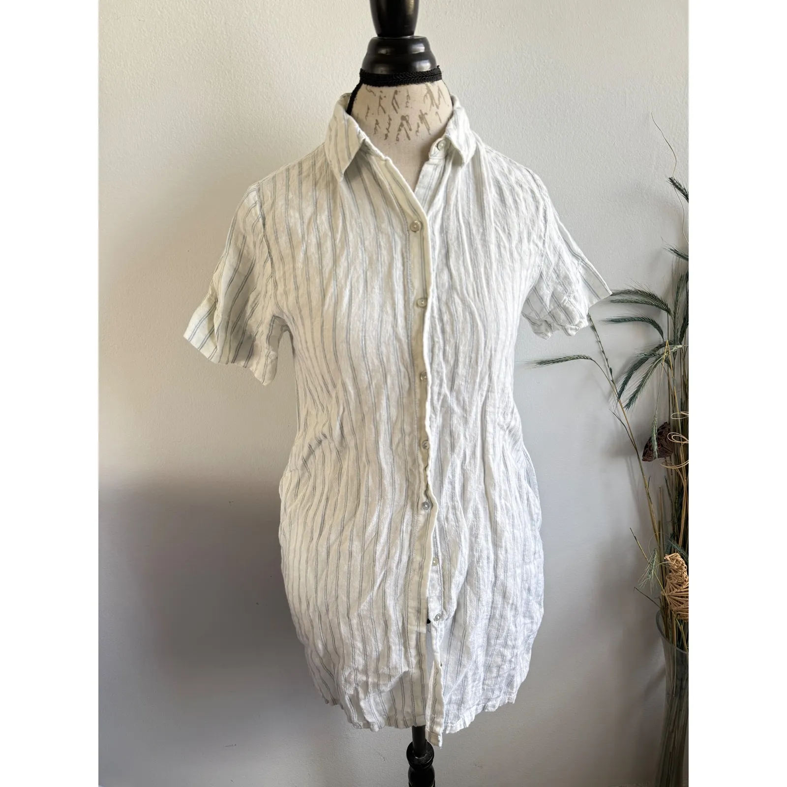 C&C California Linen Striped Short Sleeve Button Up Shirt Dress White Blue small - Image 2