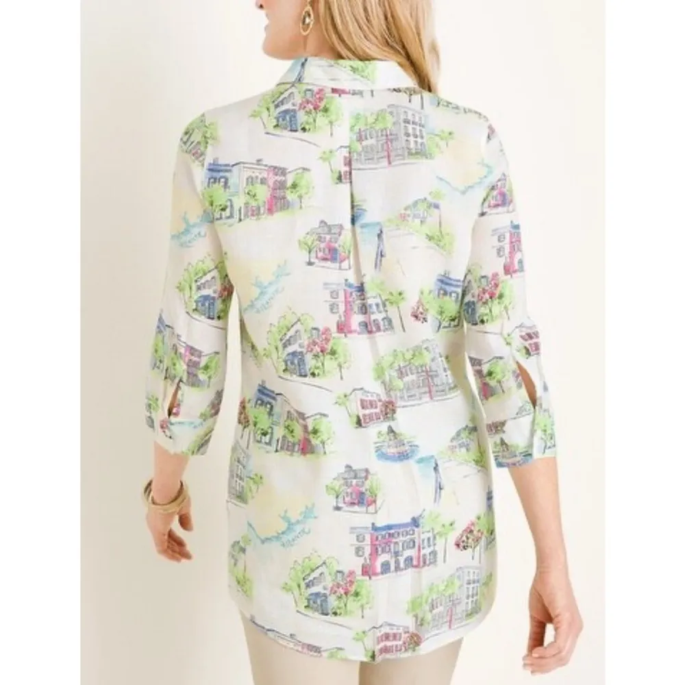 Chico’s No-Iron Linen Southern Charm-Print Button Down 3/4 Sleeve Shirt Tunic M - Image 2