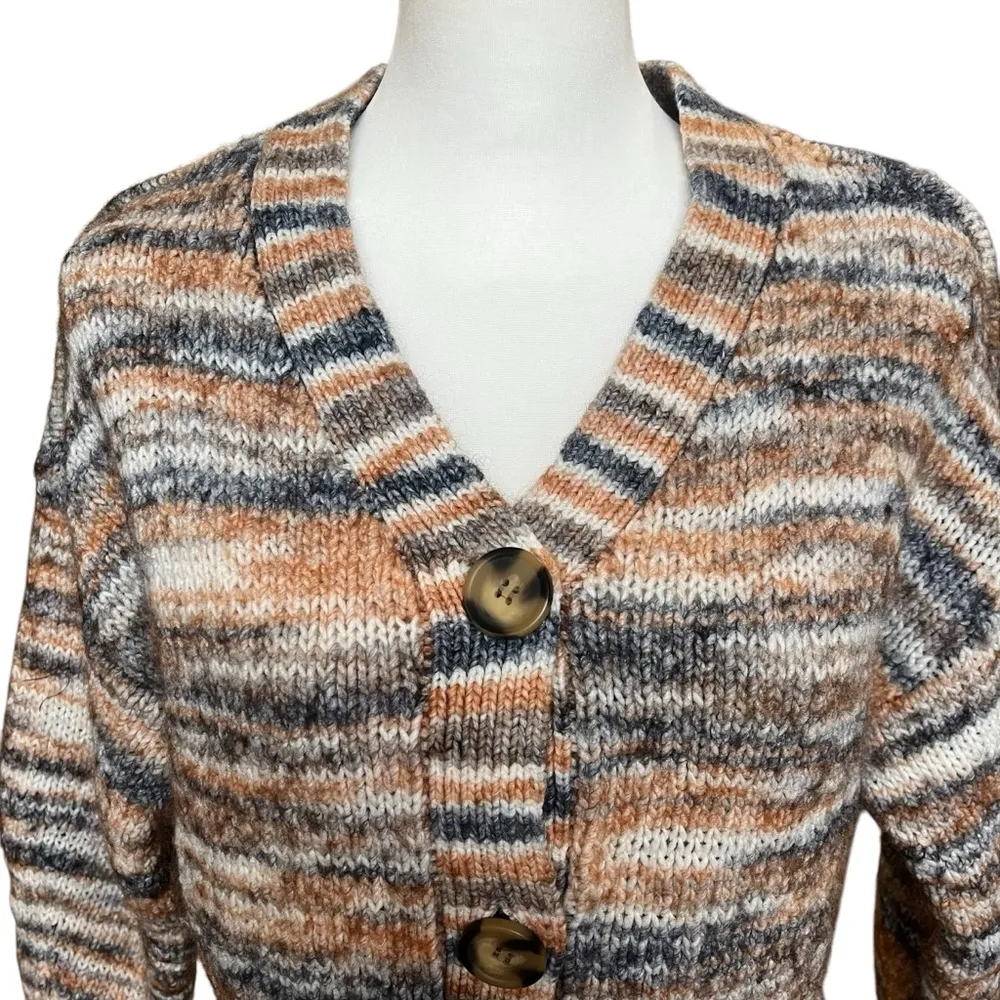 LOFT Striped V-Neck Chunky Button Cropped Cardigan Sweater Orange Gray Size M - Image 3
