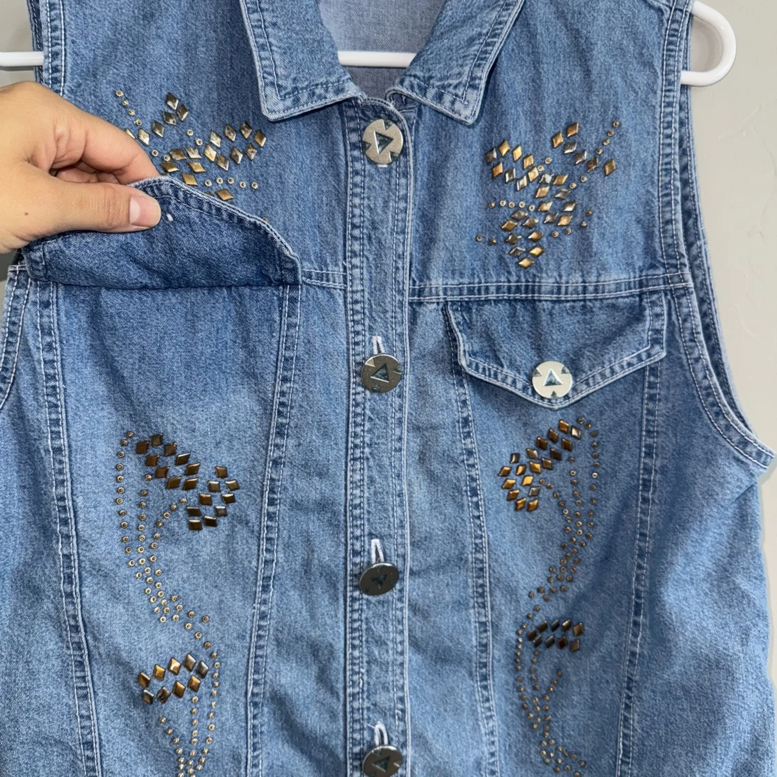 Vintage 90’s Denim Jean Western Vest Woman’s Sz S By M.E.Z.A Turquoise Beaded Blue - Image 6