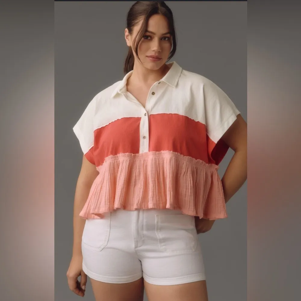 Pilcro Anthropologie Bonfire Rugby Top Pink Cotton Cropped Collared‎ Shirt XXS - Image 2