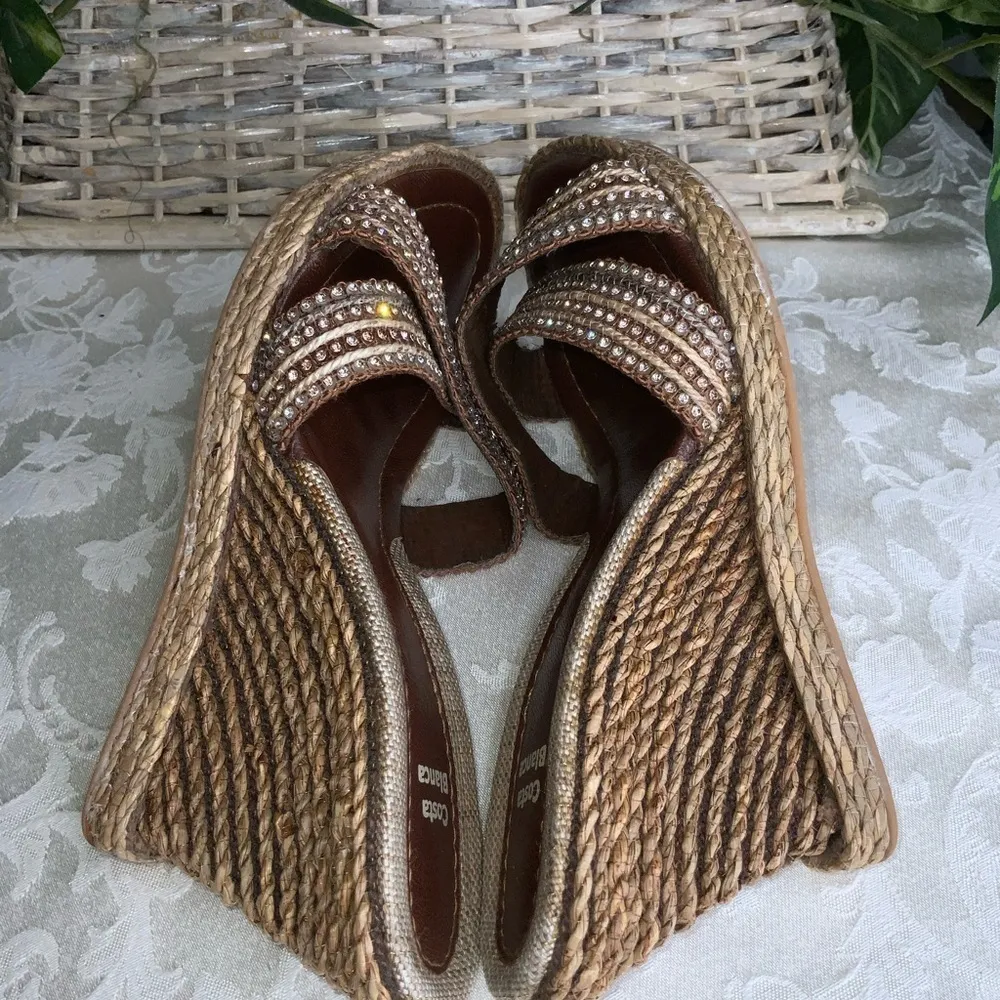 Rope 4” Wedge With Criss Cross Rhinestones Straps Almost New Size 9 - Image 7