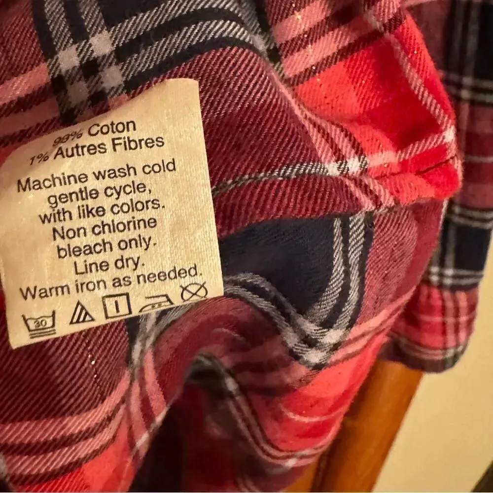 J CREW Pink and Navy Plaid Flannel Tunic with Gold Metallic Threads Size Medium - Image 6