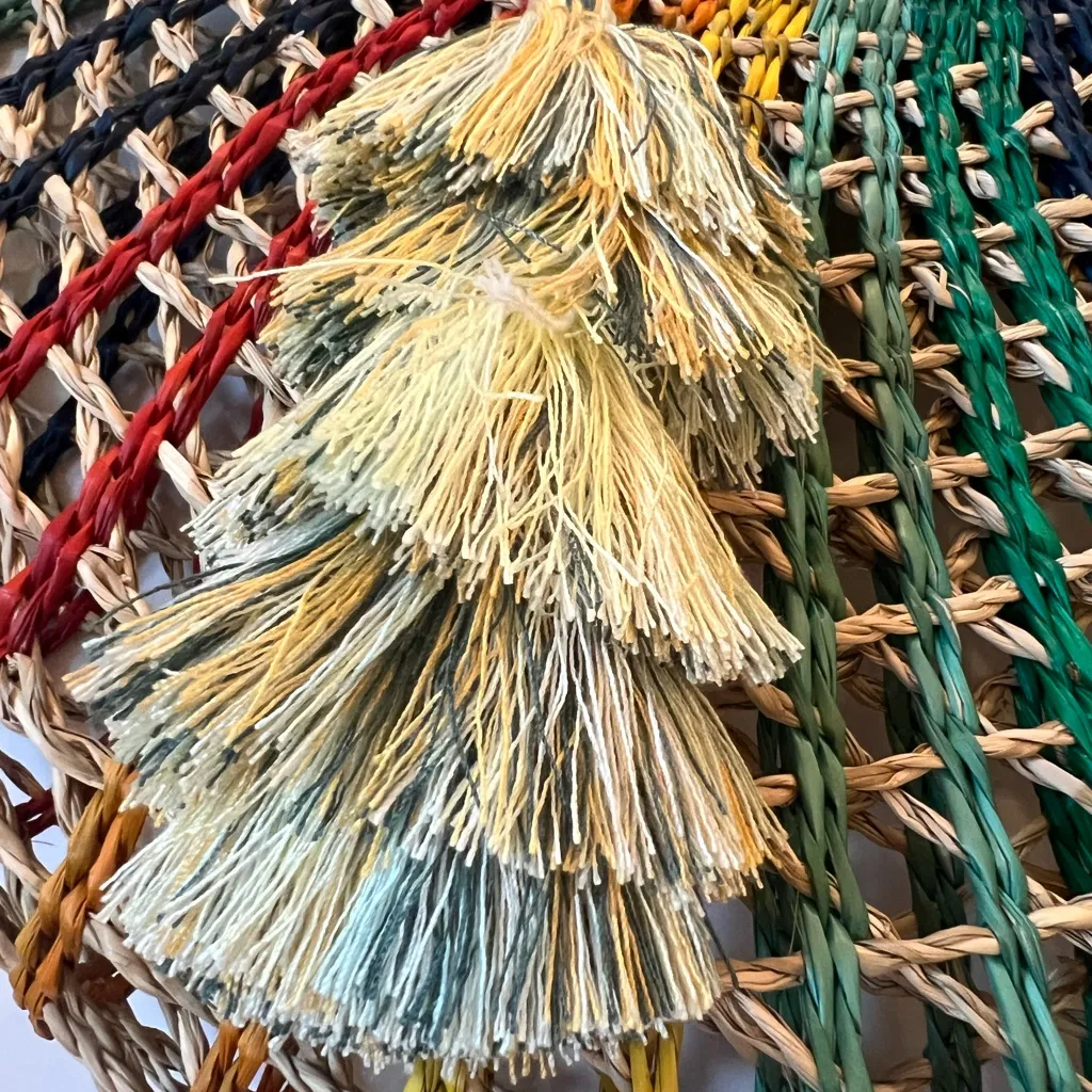 C&C CALIFORNIA Rainbow Half Moon Multicolored Rush Handbag Tote Tassel Straw - Image 2