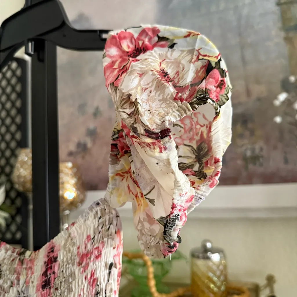 Cottagecore Puff Sleeve Babydoll Midi Dress Small Cream Pink Floral Milkmaid - Image 5