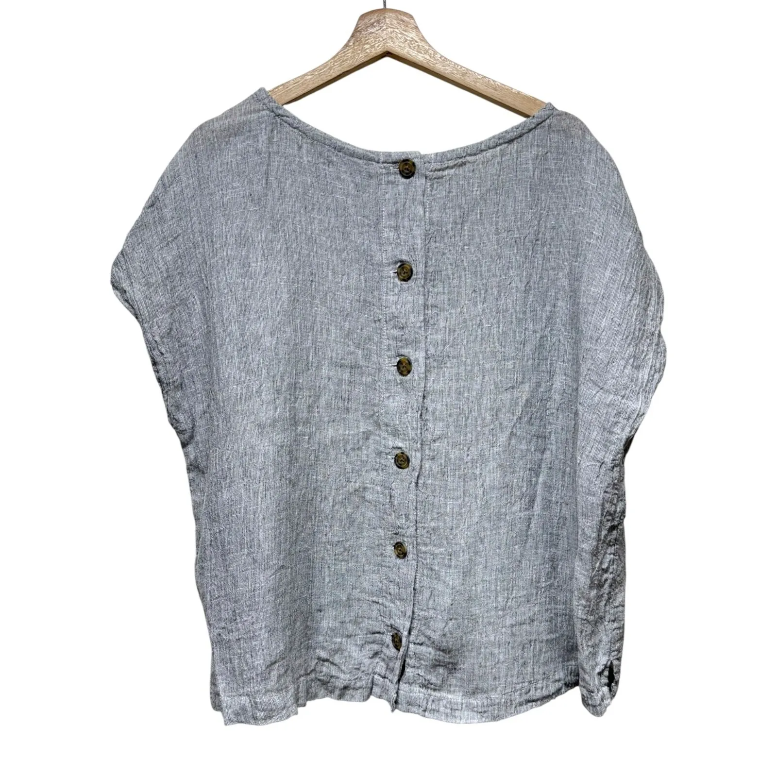 Tahari 100% Linen Boxy Top Sz L Gray Lagenlook Dolman Sleeve Back Button Coastal - Image 2