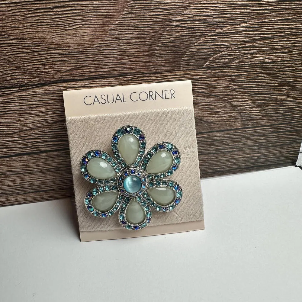 Casual Corner Flower Blue Rhinestone & Cabochon Brooch Pin Silver Tone - Image 2