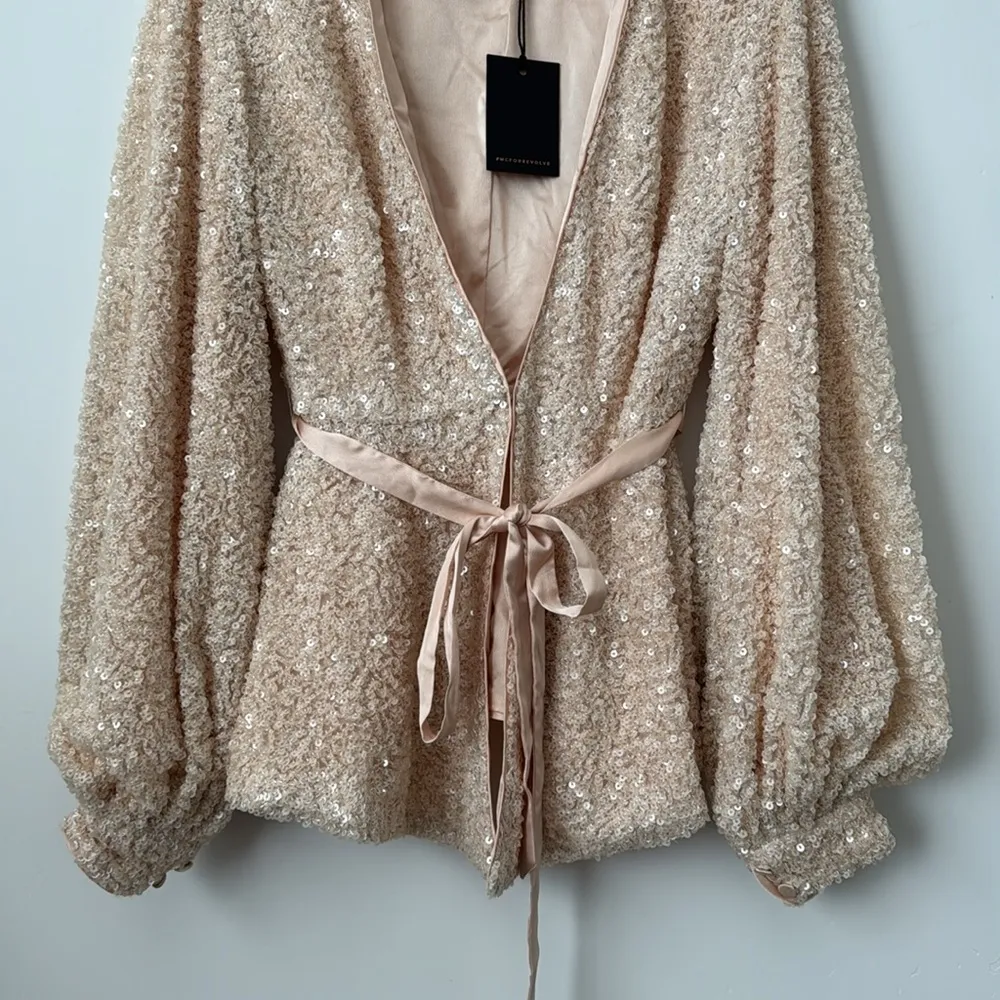 Michael Costello Sequin Cream Longsleeve Tie Blazer Size: XS - Image 4