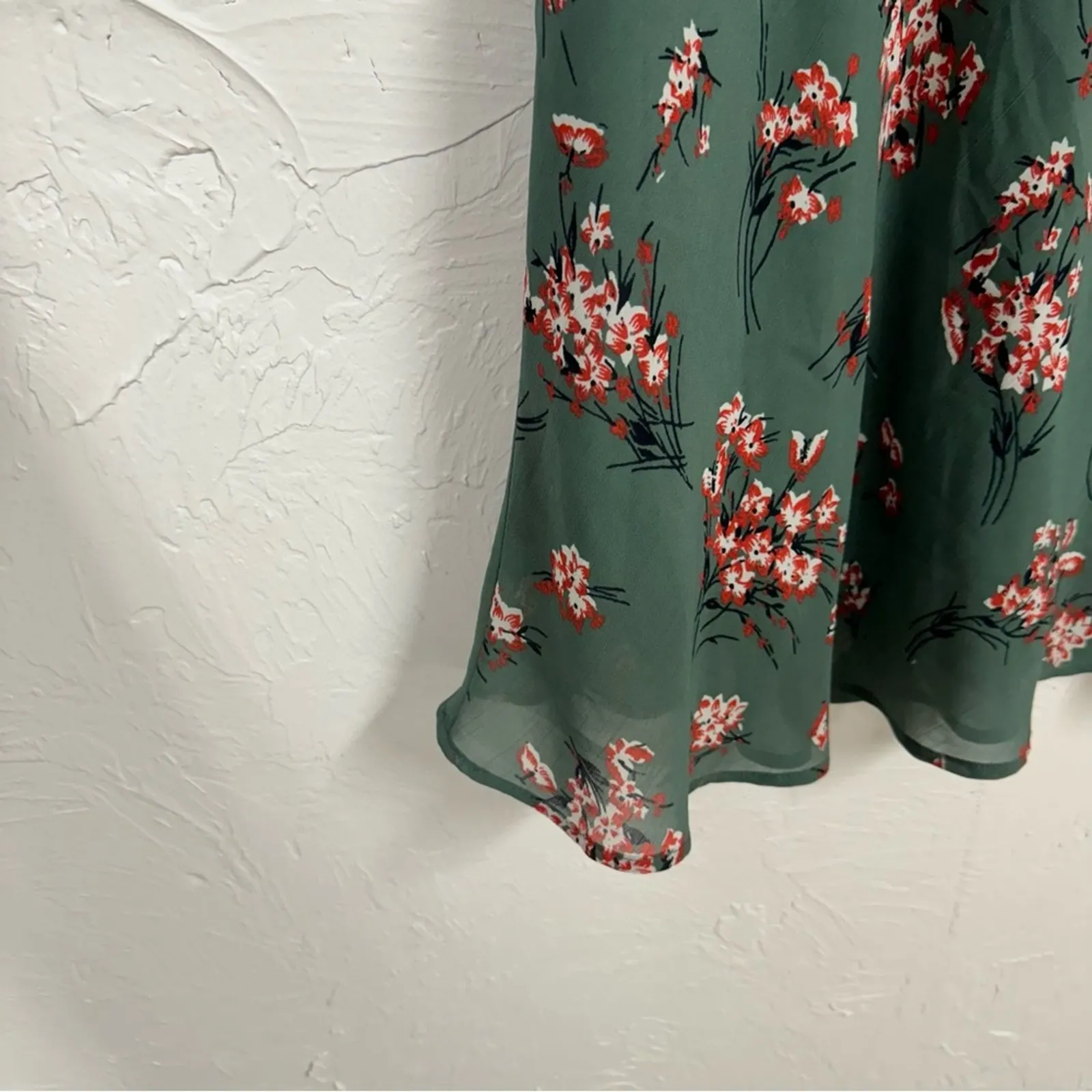 Madewell Green Red Floral Mini Dress Womens 0 Long Sleeve Sheer Boho Fall Casual - Image 13